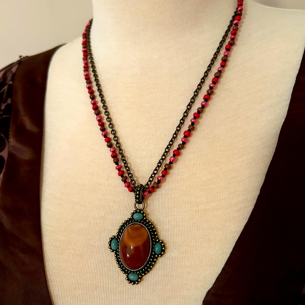 Turquoise and red pendant necklace